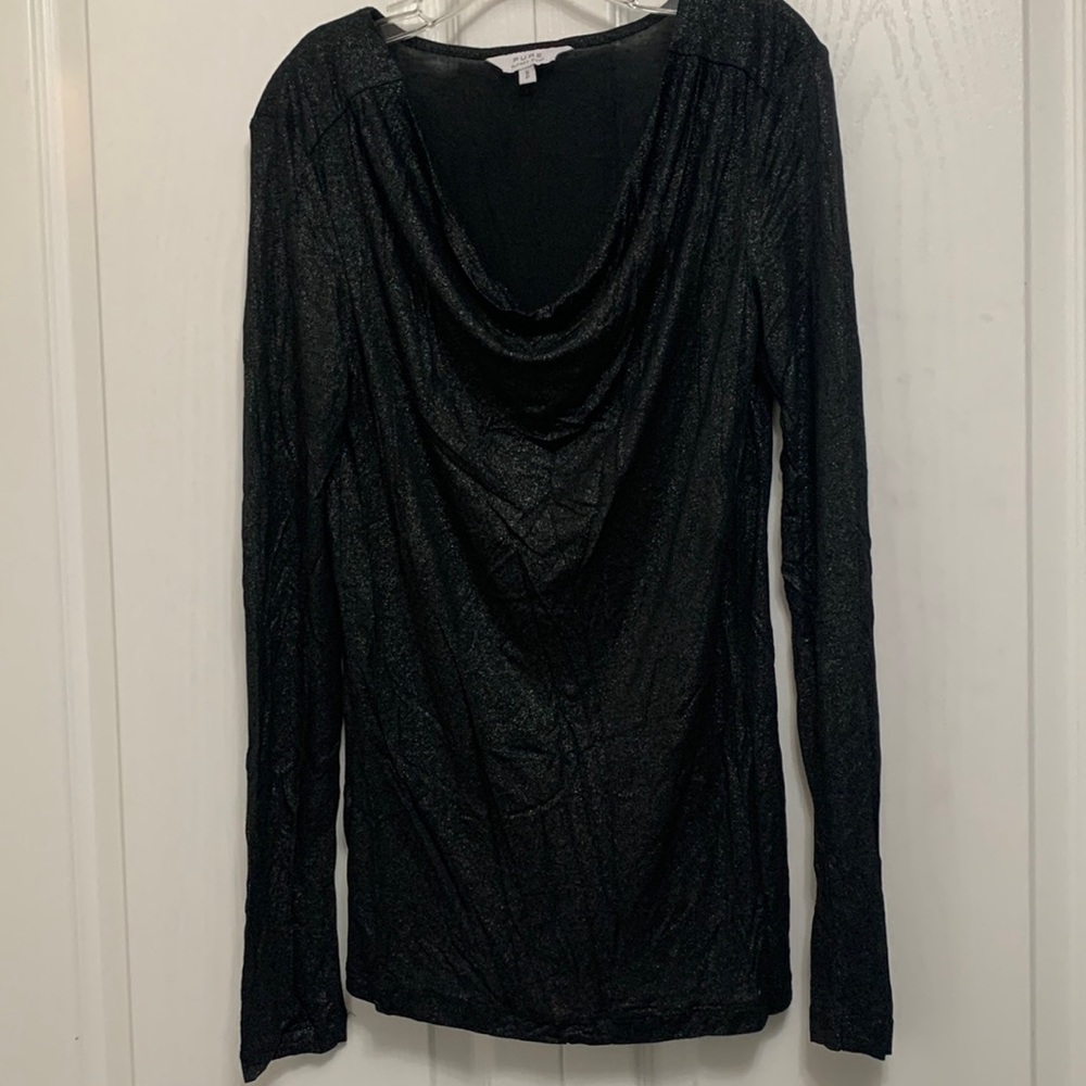 Black cowl neck top with shimmery look.